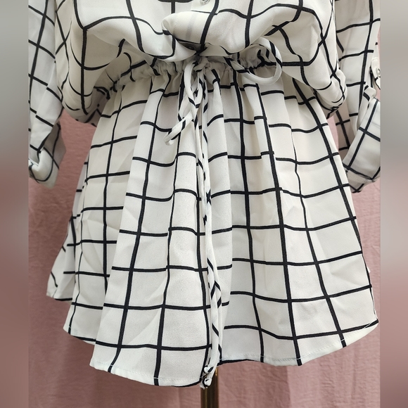 Lumière Collared Rolled Sleeve Peplum Waist Grid Print Blouse-(Small) - Picture 5 of 9